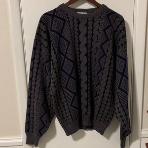 Vintage Robert Bruce Gray & Purple Diamond Geometric Pattern Crewneck Sweater